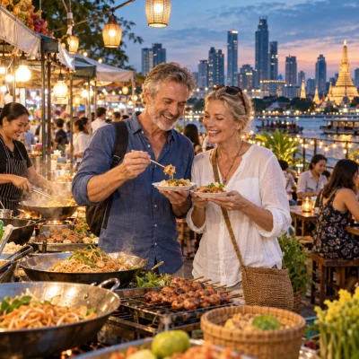 Couple sharing street food at a Bangkok night market