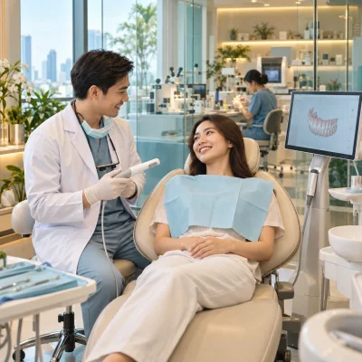 Patient smiling in a modern Bangkok dental clinic with digital scanning