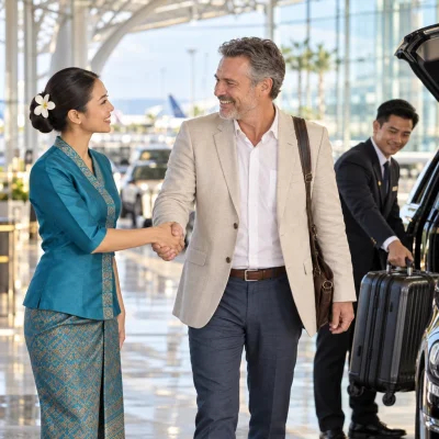 Coordinator greeting a patient at Bangkok airport arrivals